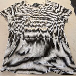 Ralph Lauren Black and White Striped Women's Top with Gold Foil Name Design